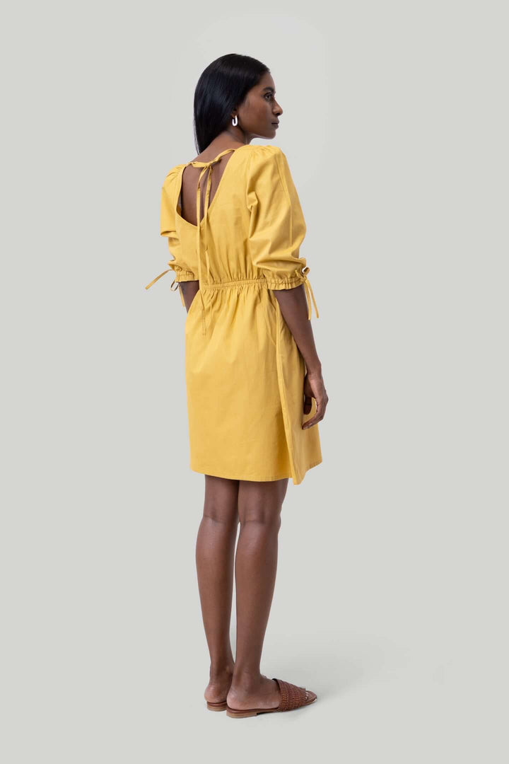 Gathered Elbow Sleeve Short Dress in Mustard