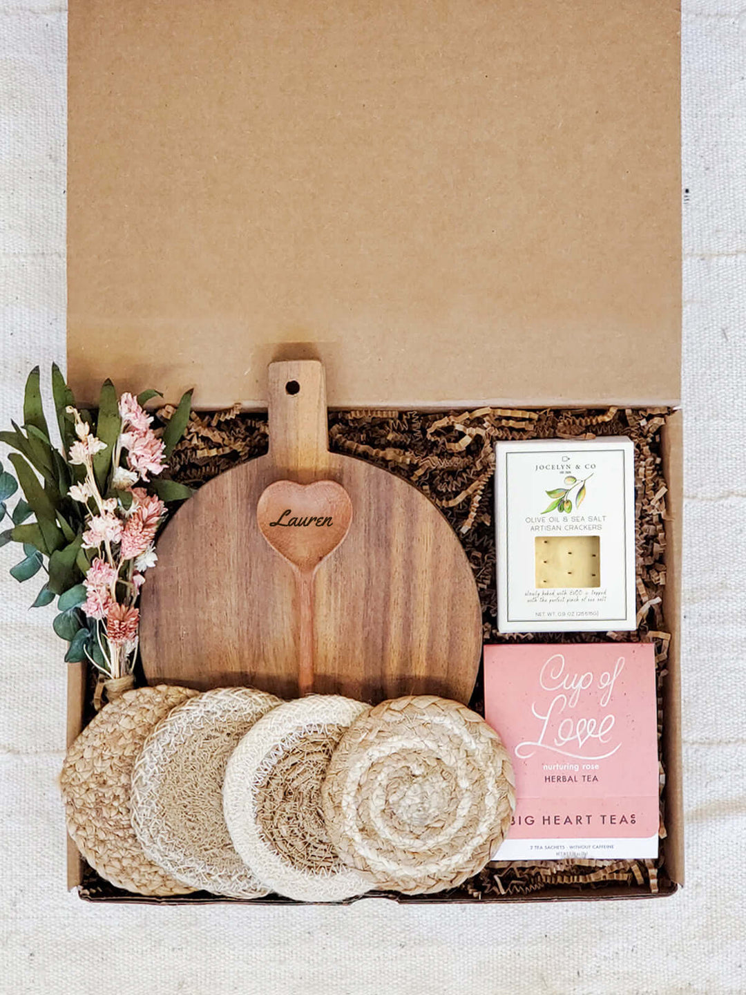 Personalized Gift Box With Wood board, Wood Spoon, Tea And Cookies