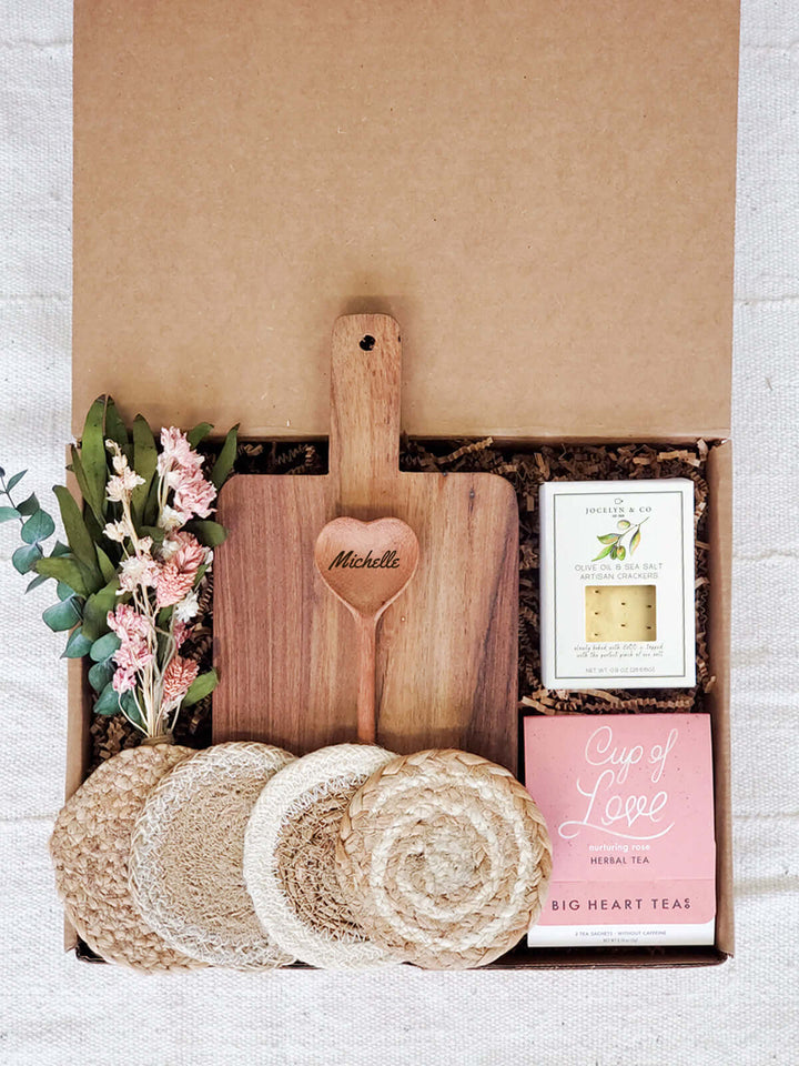 Personalized Gift Box With Wood board, Wood Spoon, Tea And Cookies