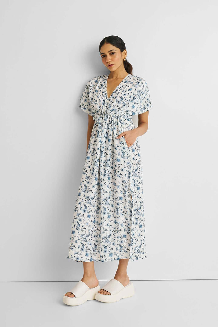 Gathered Maxi Dress in Blue Florals