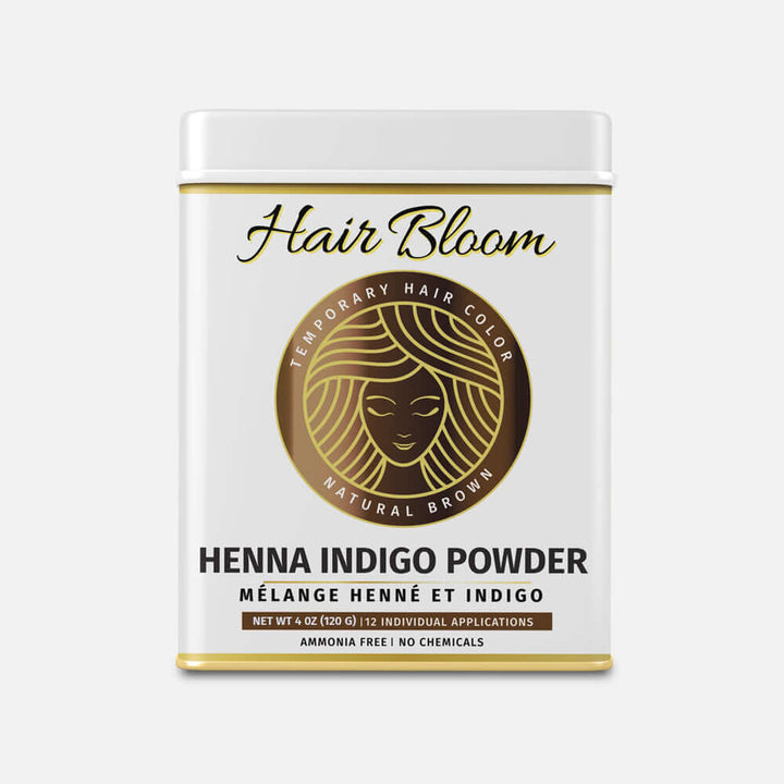 Hair Bloom Natural Brunette Hair Color- Herbal Henna & Indigo Mix Hair Color Powder- 12 individual sachets (10 gm each)- Reusable Brush & Tray Included