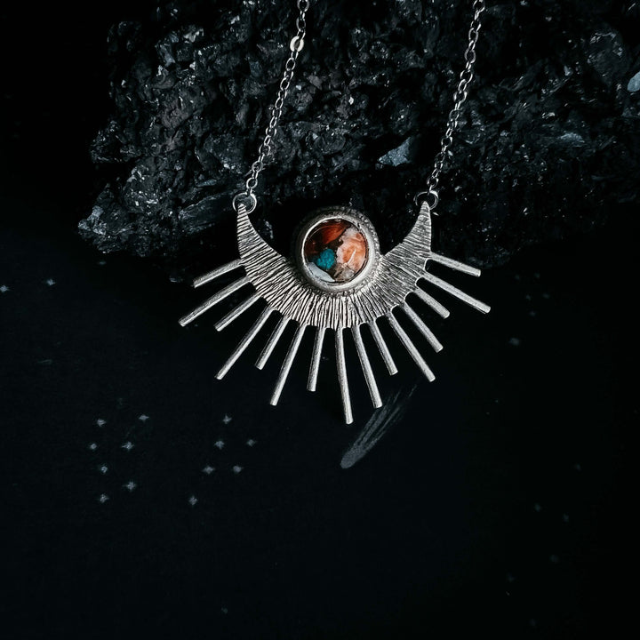 Sun Goddess Necklace - Sun Pendant with Copper Oyster Turquoise