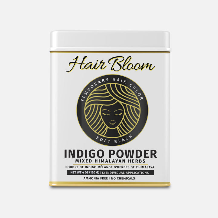 Hair Bloom Natural Jet Black Hair Color- Indigo Powder w/ Mixed Himalayan Herbs Hair Color Powder- 12 individual sachets (10 gm each)- Reusable Brush & Tray Included