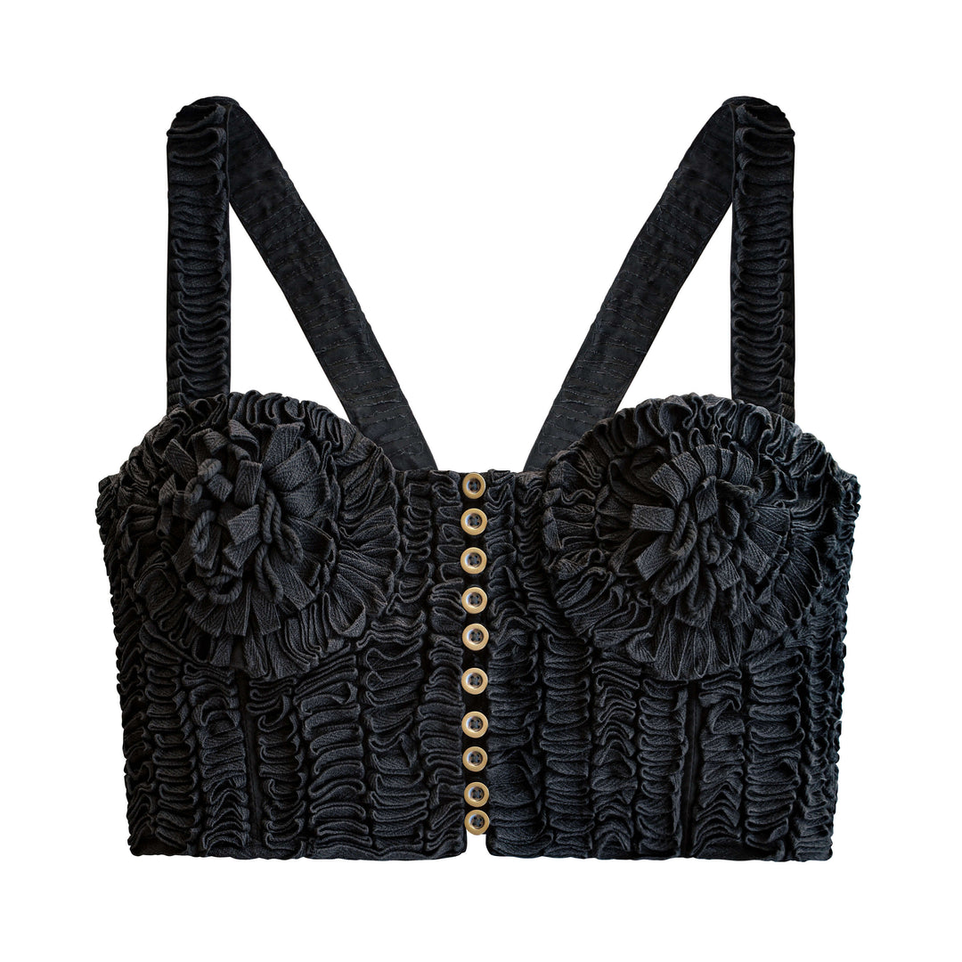 MARIGOLD Hand-embroidered Ribbon Bustier Top In Black