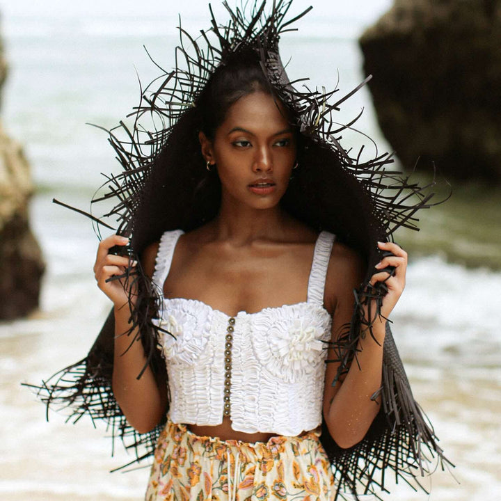 MARIGOLD Hand-embroidered Ribbon Bustier Top In White