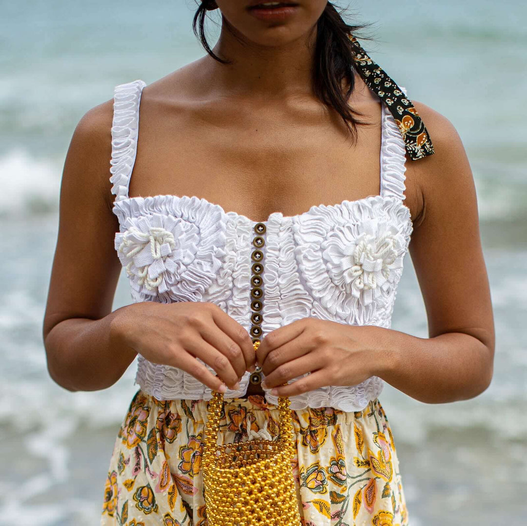 MARIGOLD Hand-embroidered Ribbon Bustier Top In White