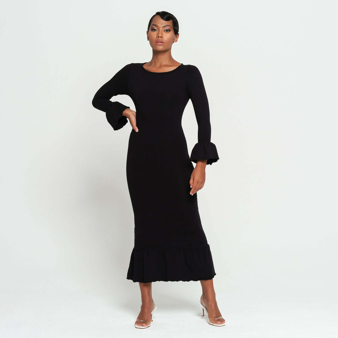 MARJORIE Bamboo Ruffle Dress, in Black