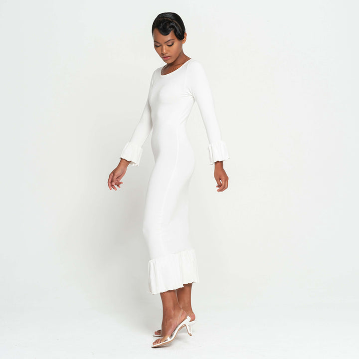 MARJORIE Bamboo Ruffle Dress In Off-white