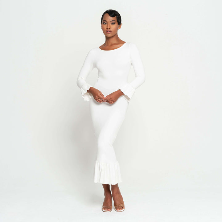 MARJORIE Bamboo Ruffle Dress In Off-white