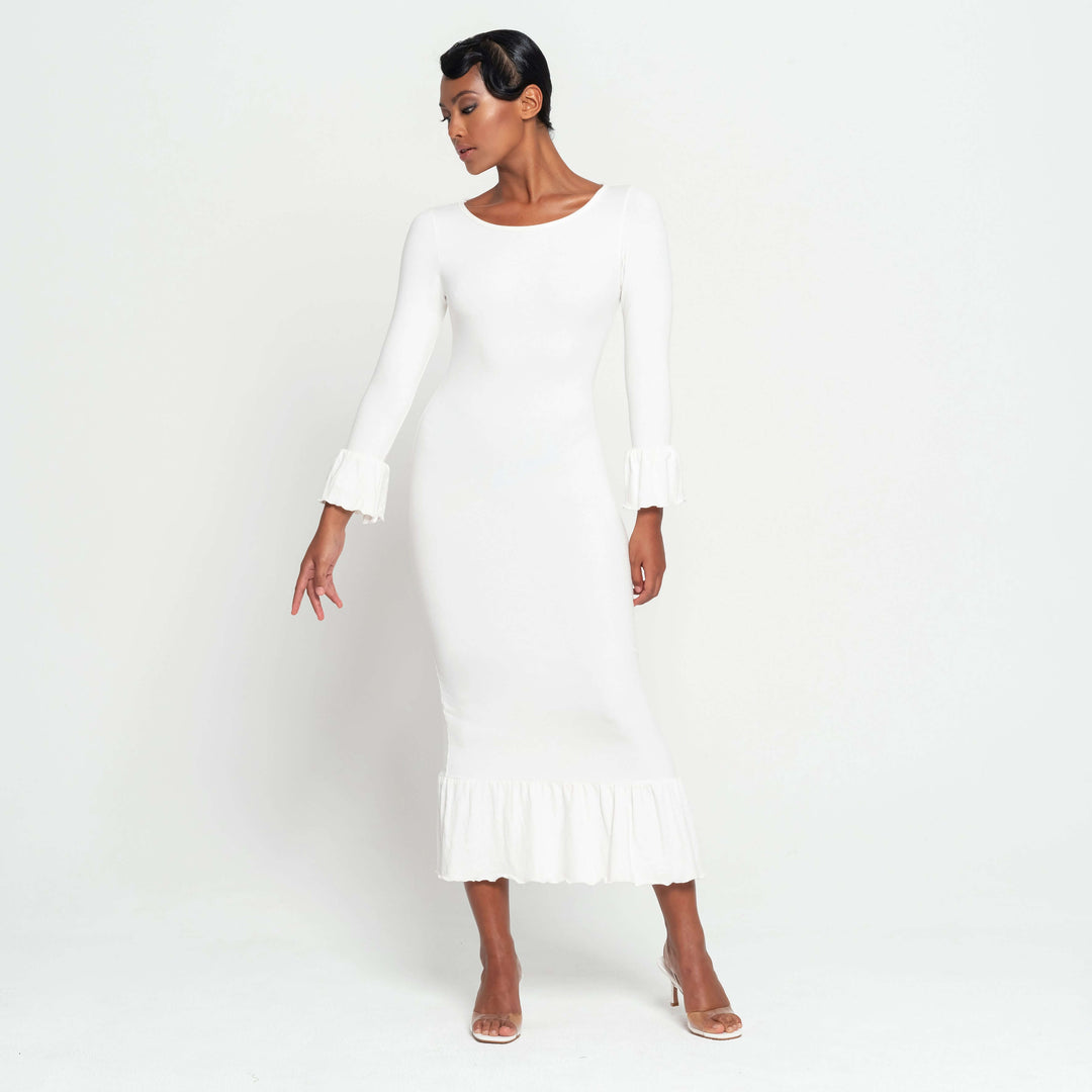 MARJORIE Bamboo Ruffle Dress In Off-white