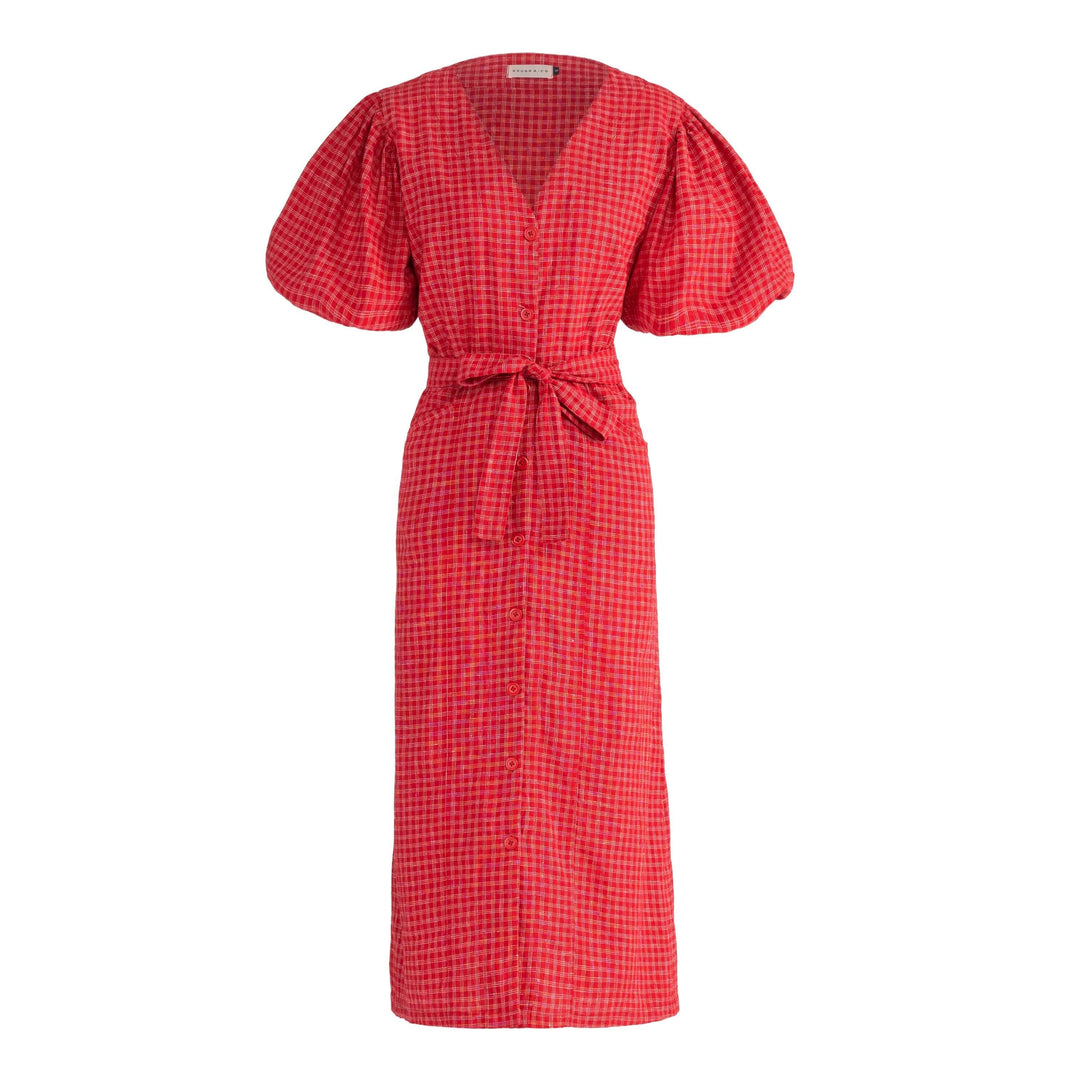 MEGHAN Gingham Hemp Midi Dress In Scarlet Red