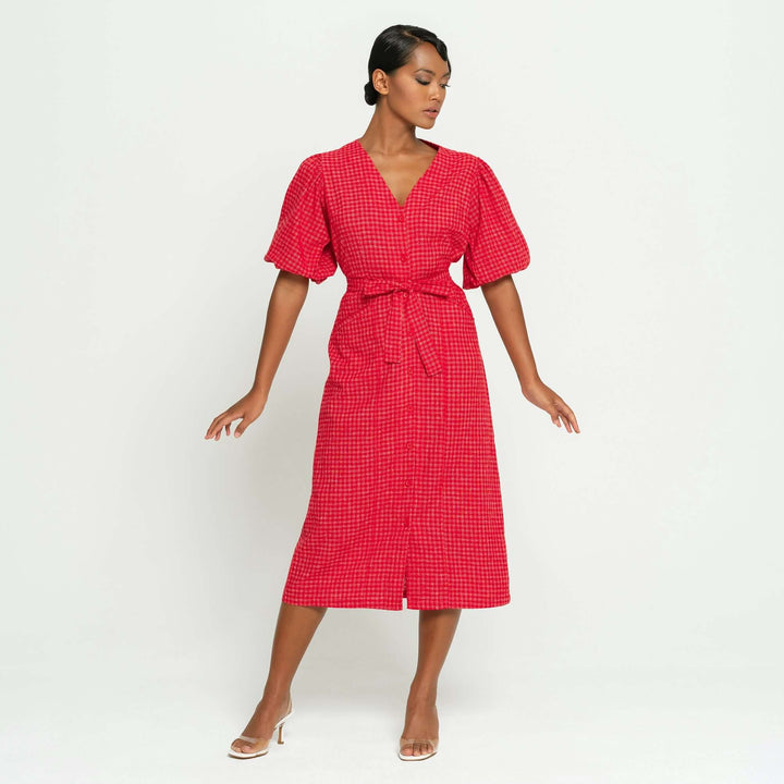 MEGHAN Gingham Hemp Midi Dress In Scarlet Red