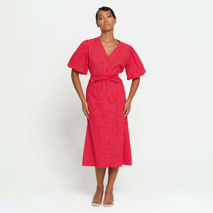 MEGHAN Gingham Hemp Midi Dress In Scarlet Red