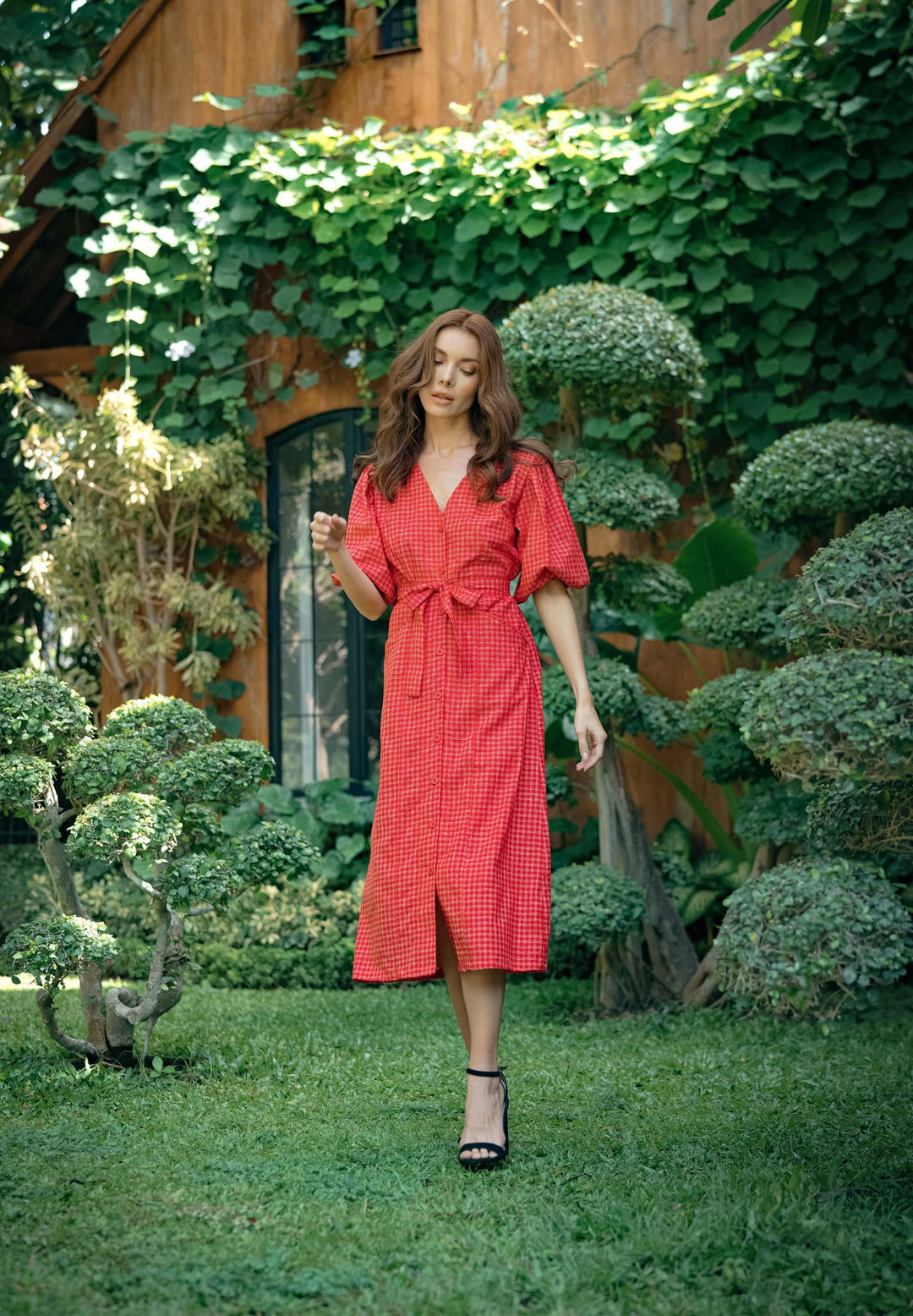 MEGHAN Gingham Hemp Midi Dress In Scarlet Red