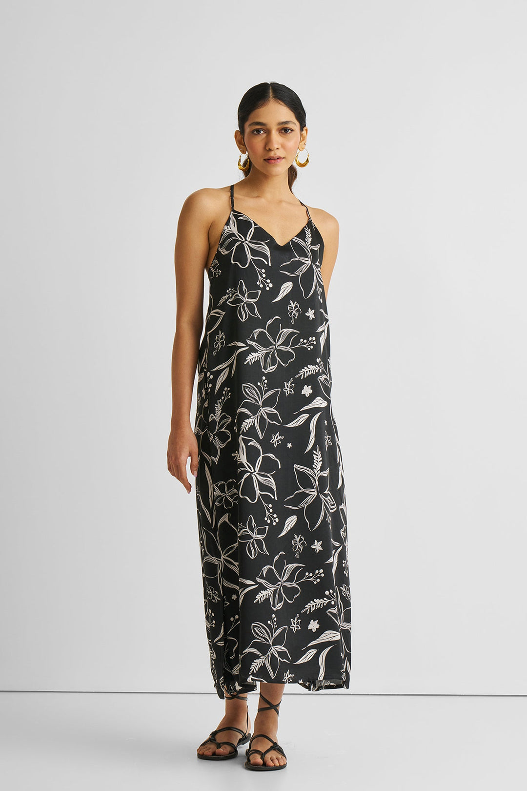 Midi Slip Dress in Black Florals