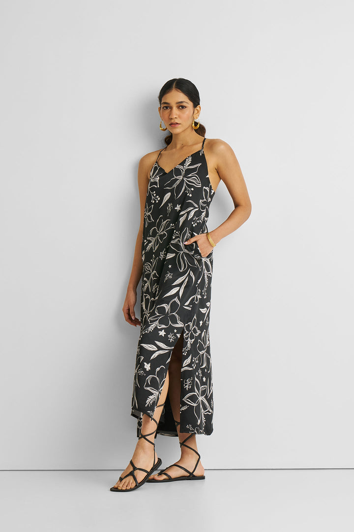 Midi Slip Dress in Black Florals