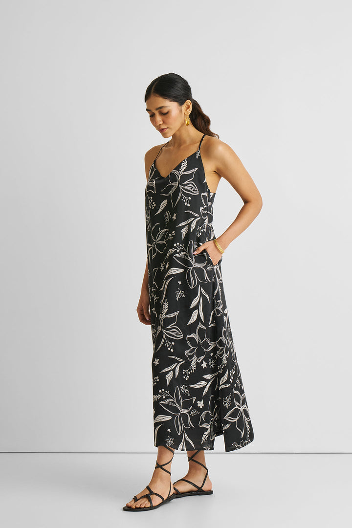 Midi Slip Dress in Black Florals