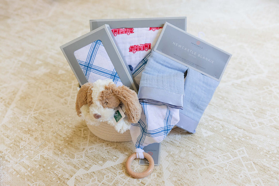 Welcome Baby Boy - Firetruck & Blue Plaid