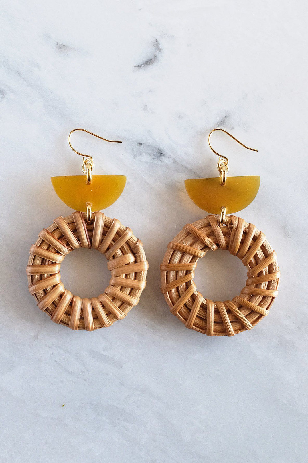 Ninh Binh 16K Gold Plated Brass Horn & Rattan (Straw/Wicker) Crescent & Donut Earrings