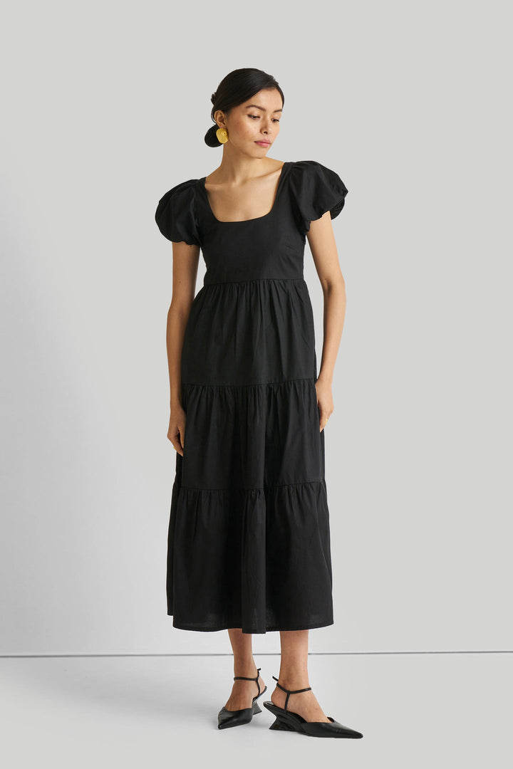 Puff Sleeve Tiered Maxi Dress in Black