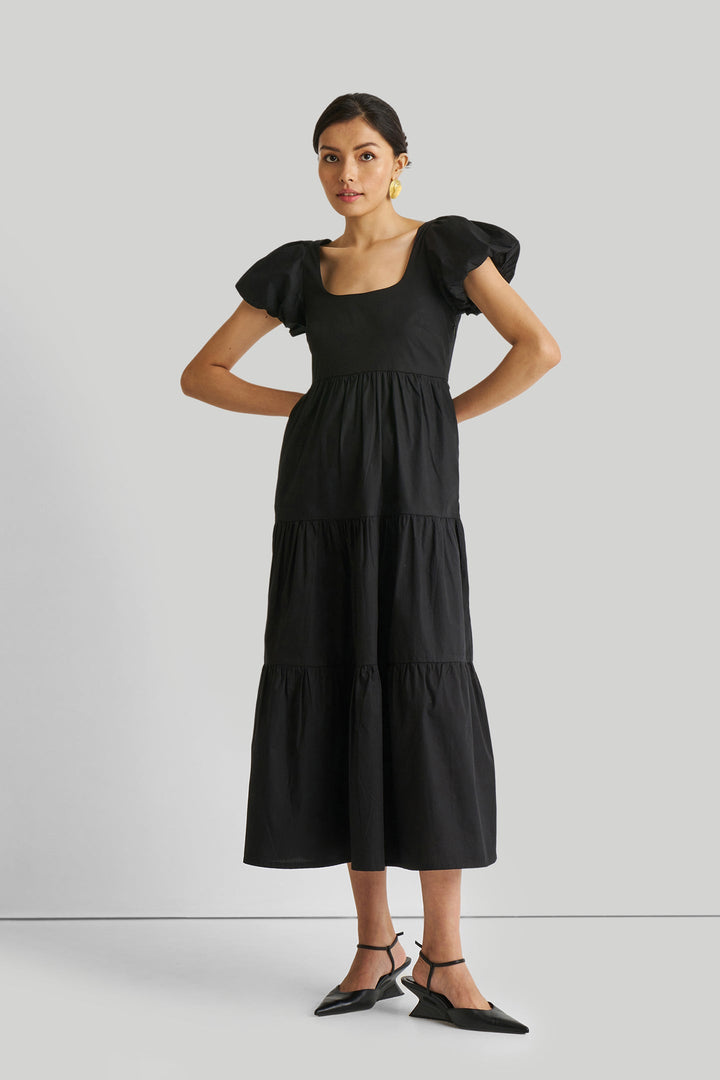 Puff Sleeve Tiered Maxi Dress in Black