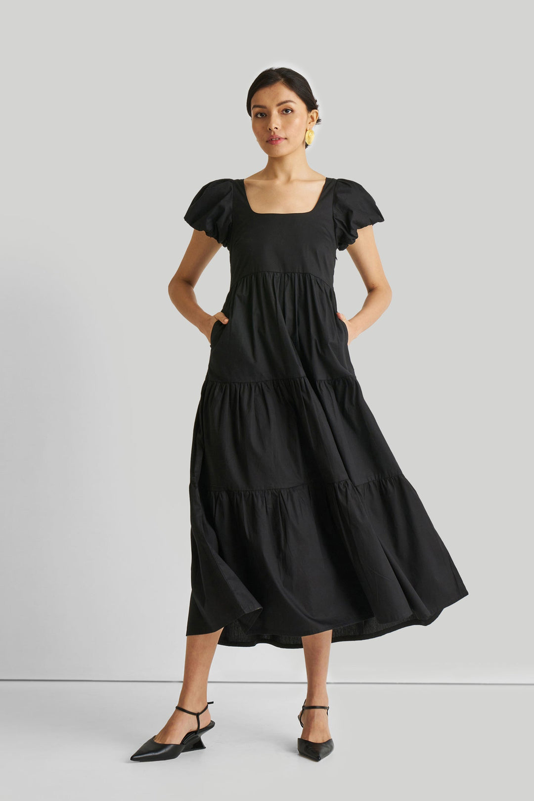 Puff Sleeve Tiered Maxi Dress in Black