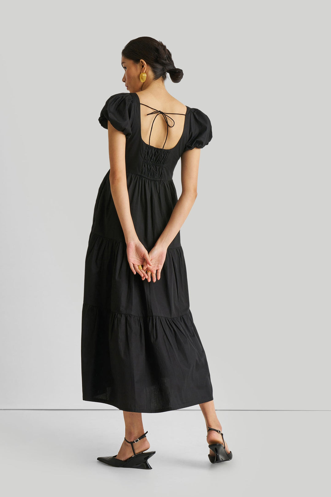 Puff Sleeve Tiered Maxi Dress in Black