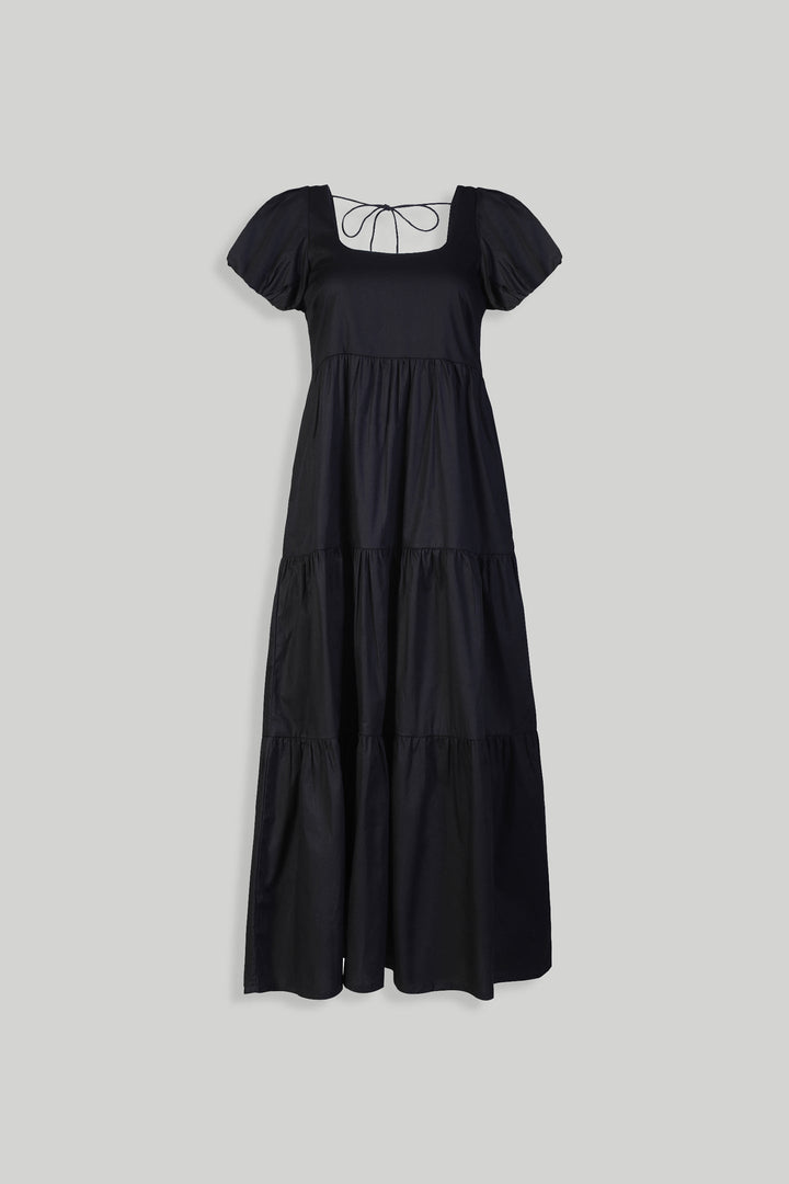 Puff Sleeve Tiered Maxi Dress in Black