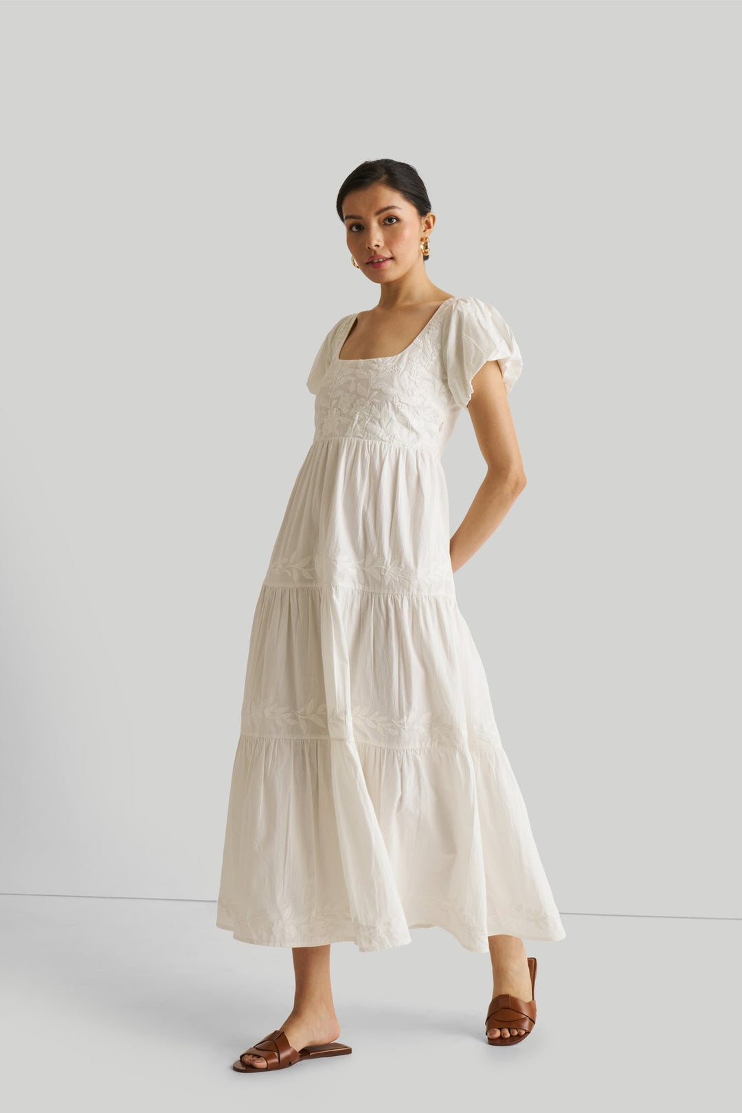 Puff Sleeve Embroidered Tiered Dress in White