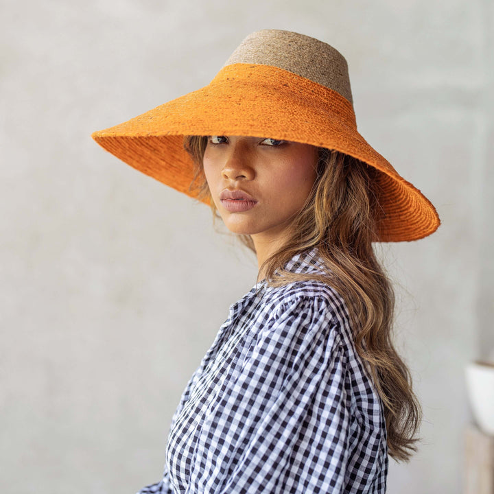 RIRI Duo Jute Handwoven Straw Hat In Tangerine Orange