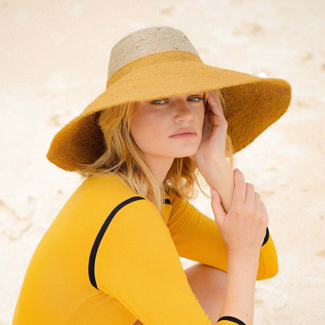 RIRI DUO Jute Handwoven Straw Hat In Nude & Golden Yellow