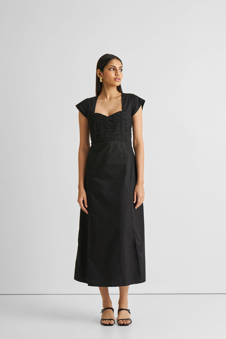 Ruched Dress with Front Slit in Black