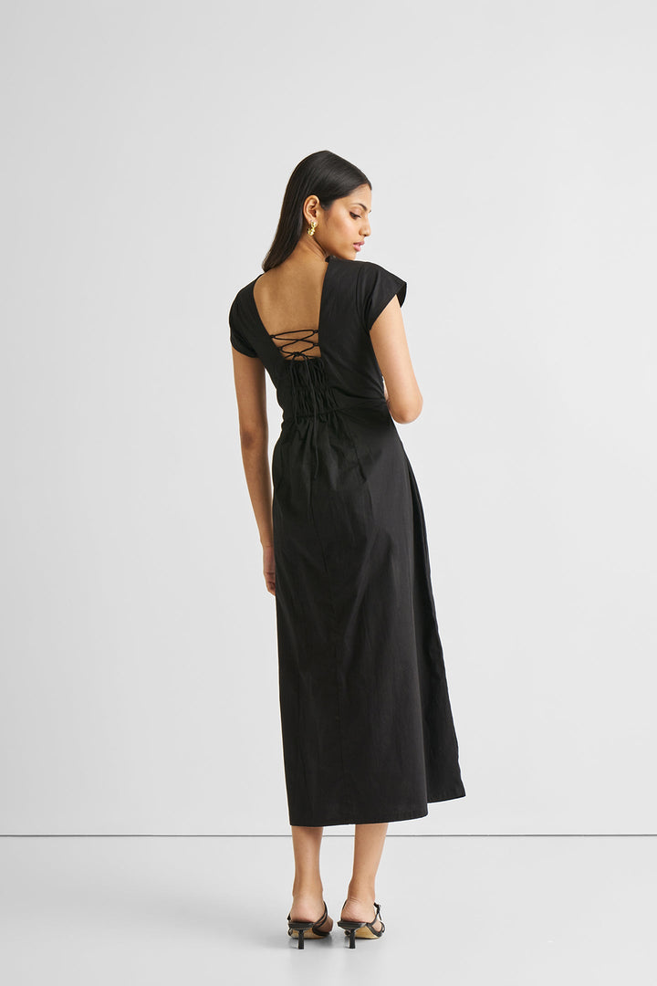 Ruched Dress with Front Slit in Black