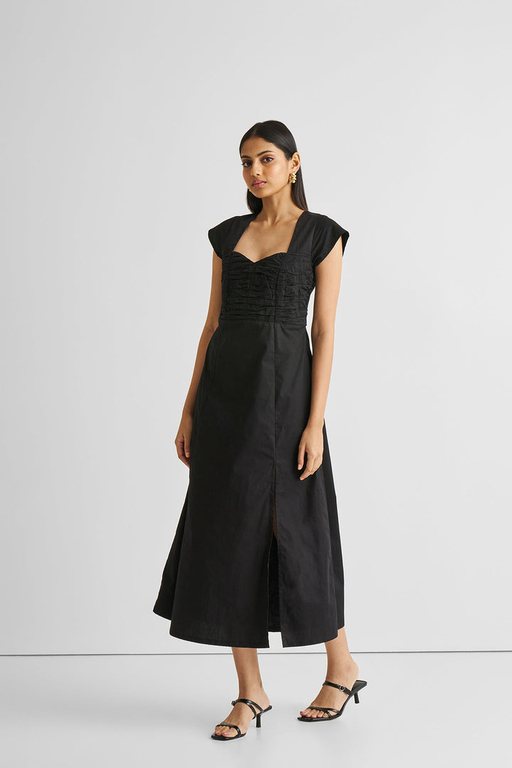 Ruched Dress with Front Slit in Black