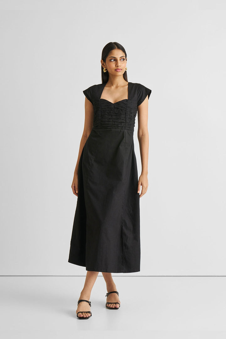 Ruched Dress with Front Slit in Black