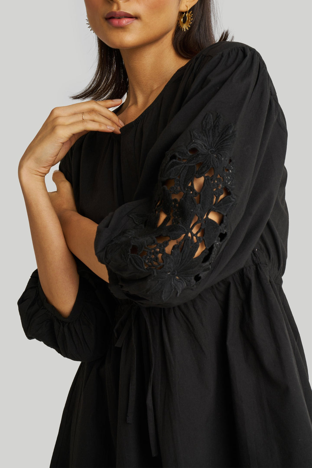 Shirt Dress with Balloon Sleeves in Black