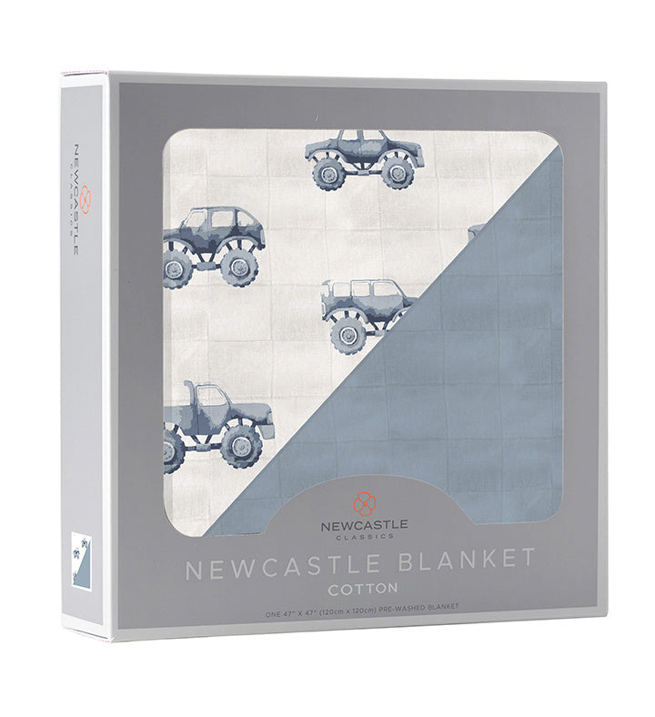 Indigo Monster Trucks and Blue Fog Cotton Newcastle Blanket