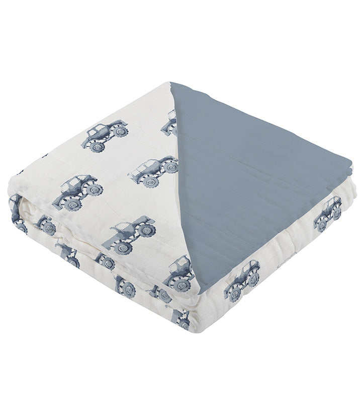 Indigo Monster Trucks and Blue Fog Cotton Newcastle Blanket