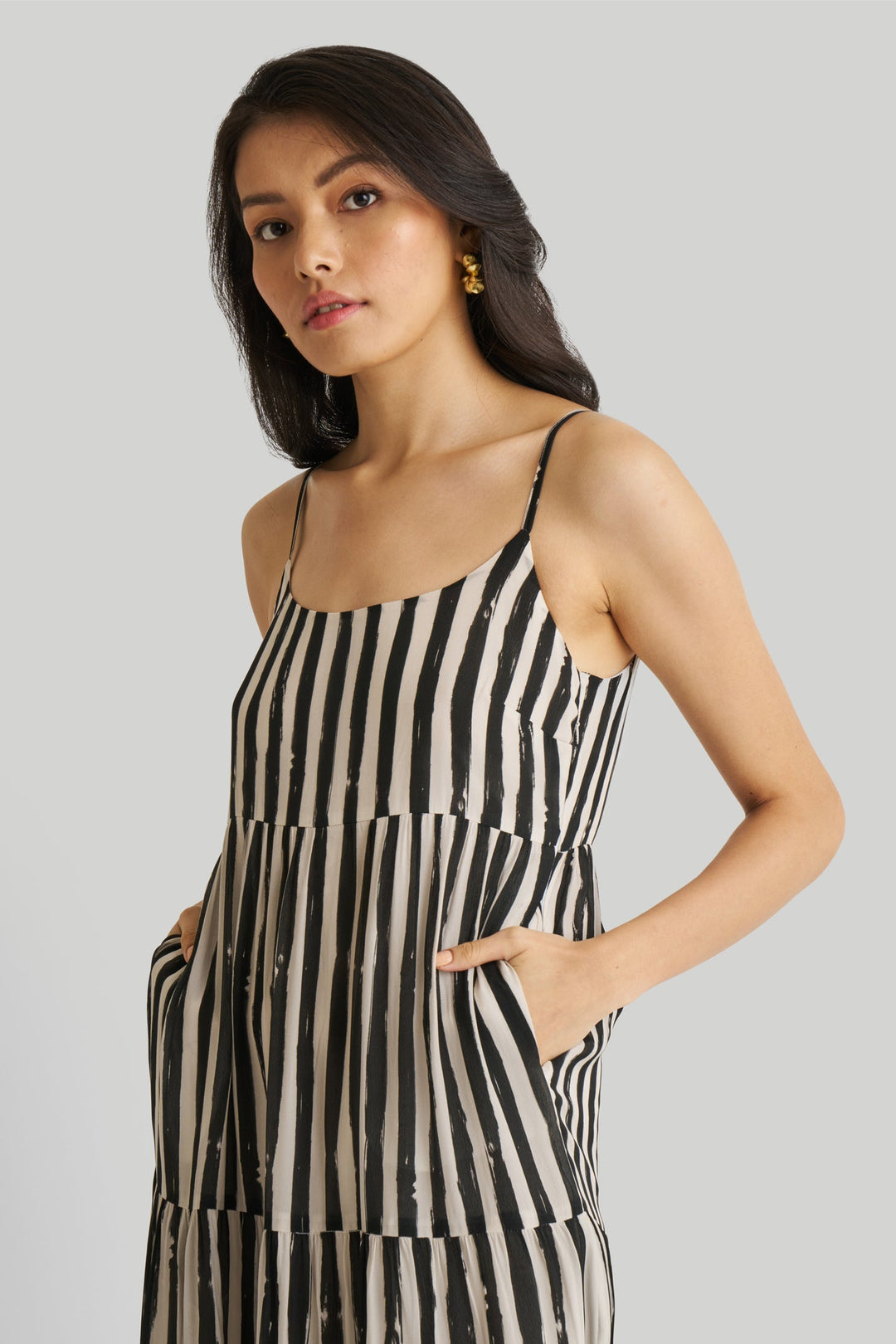 Strappy Tiered Maxi Dress in Black Stripes