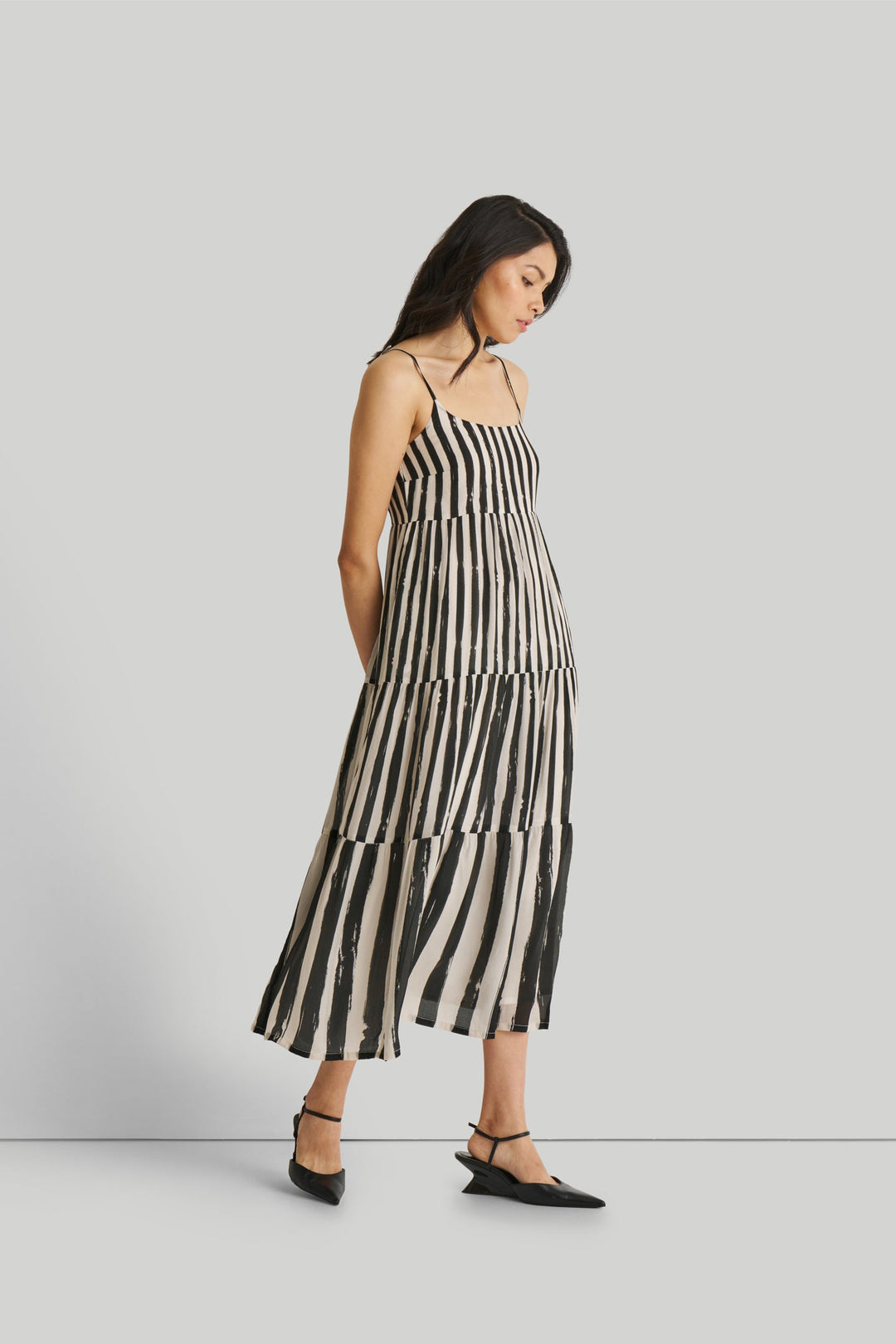 Strappy Tiered Maxi Dress in Black Stripes