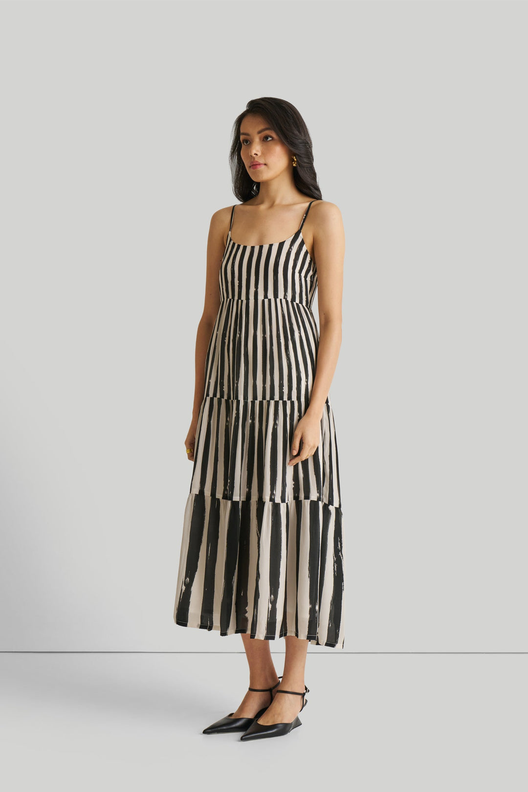 Strappy Tiered Maxi Dress in Black Stripes