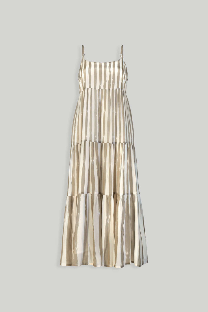 Strappy Tiered Maxi Dress in Beige Stripes