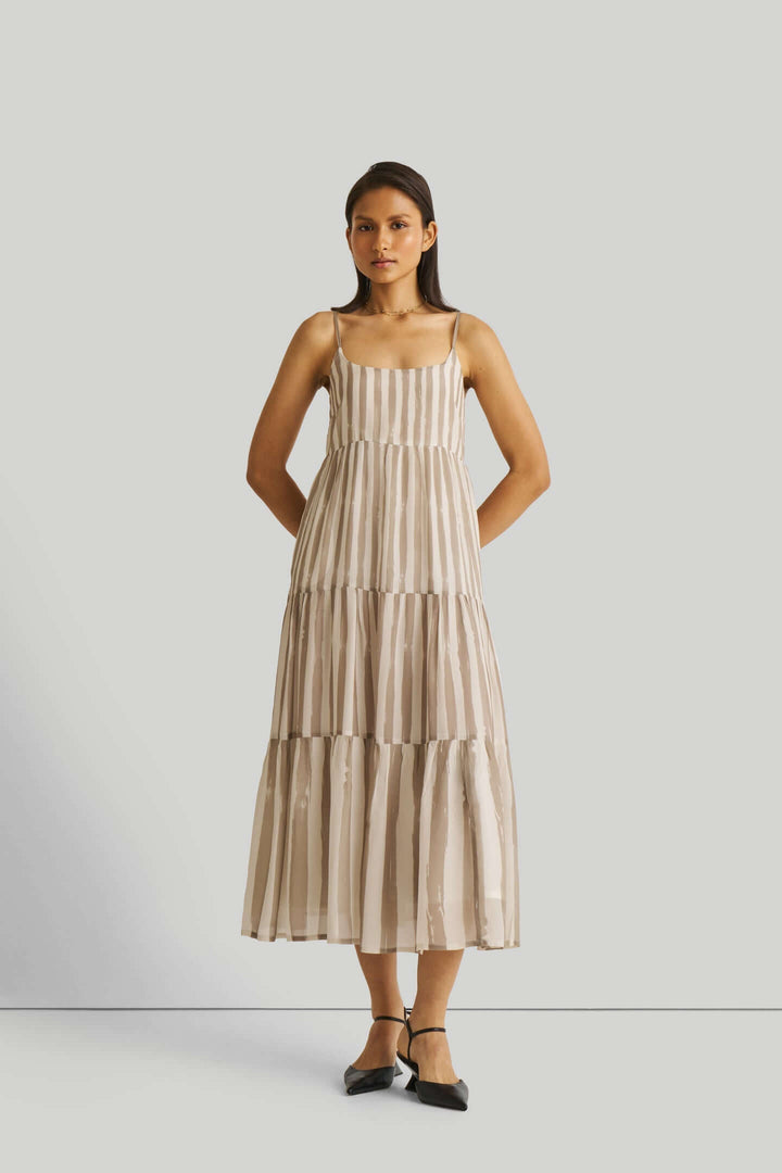 Strappy Tiered Maxi Dress in Beige Stripes