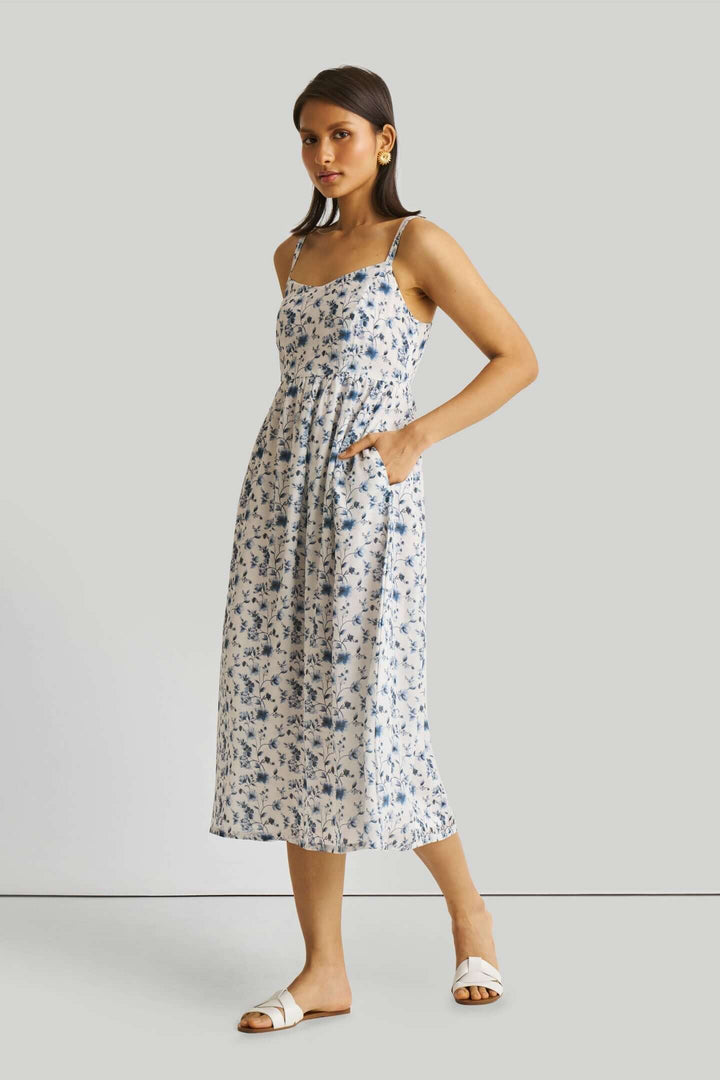 Strappy Gathered Blue Floral Midi Dress