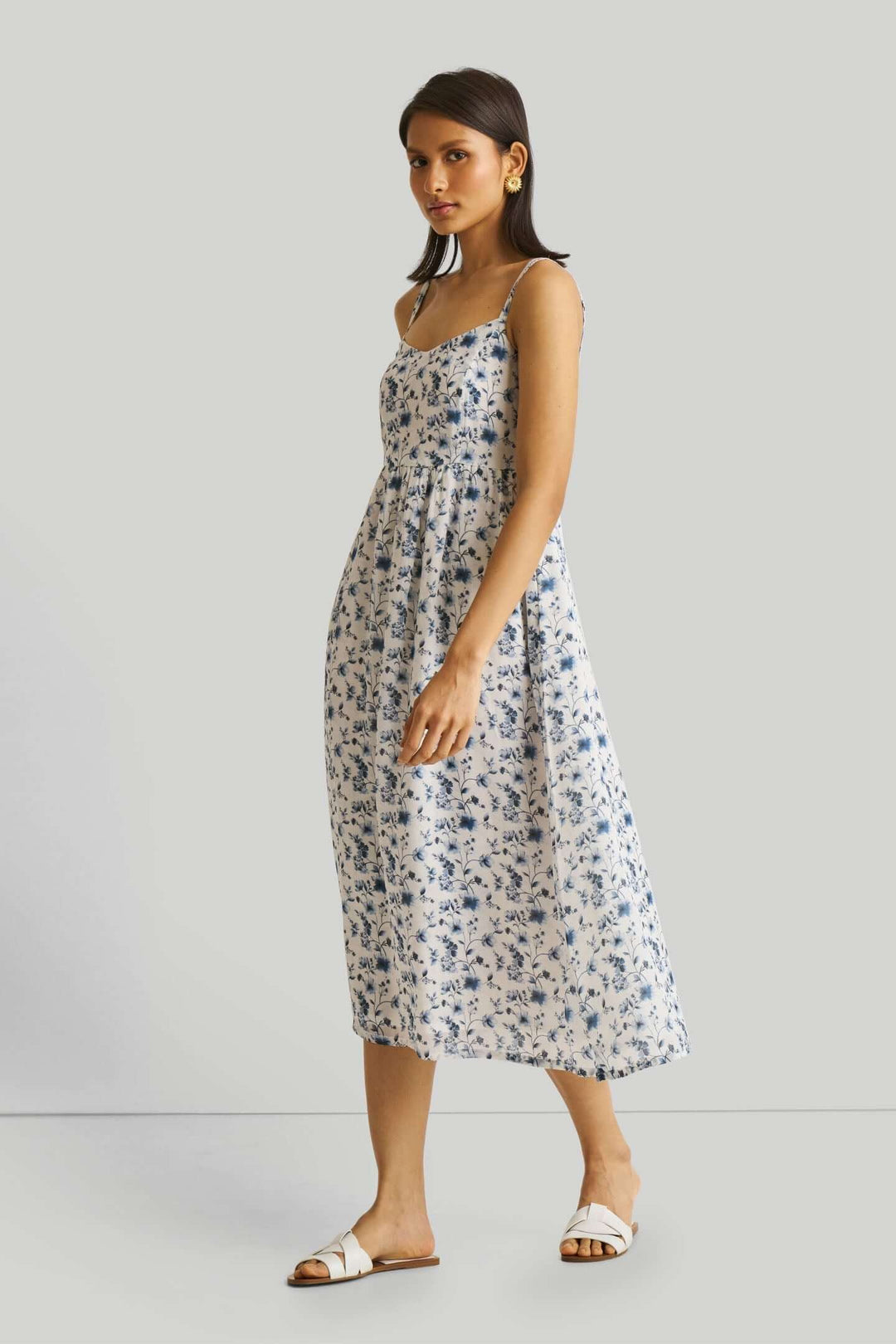 Strappy Gathered Blue Floral Midi Dress