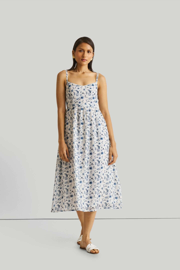 Strappy Gathered Blue Floral Midi Dress