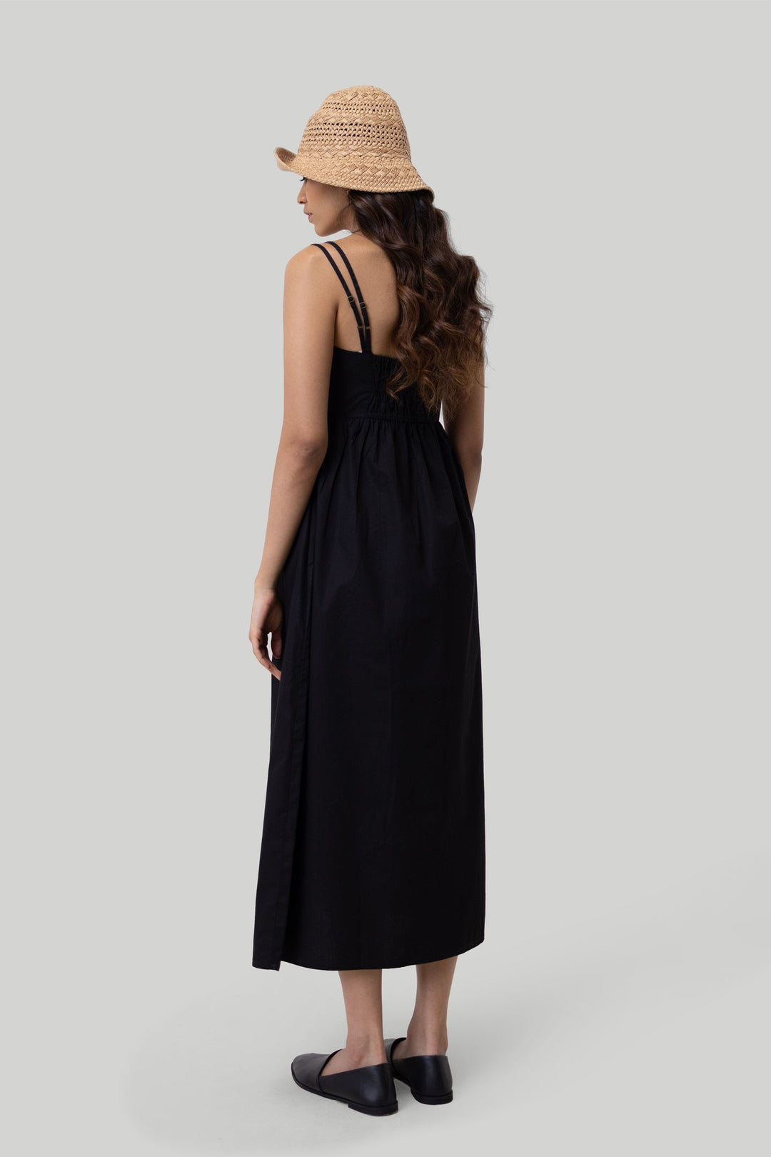 Strappy Gathered Midi Dress in Black