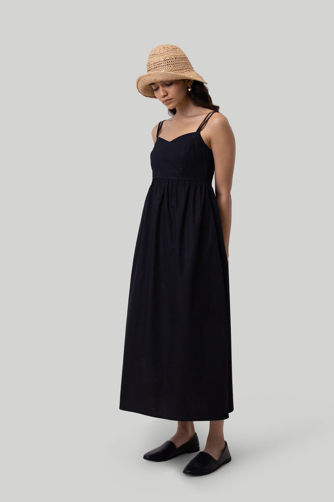 Strappy Gathered Midi Dress in Black