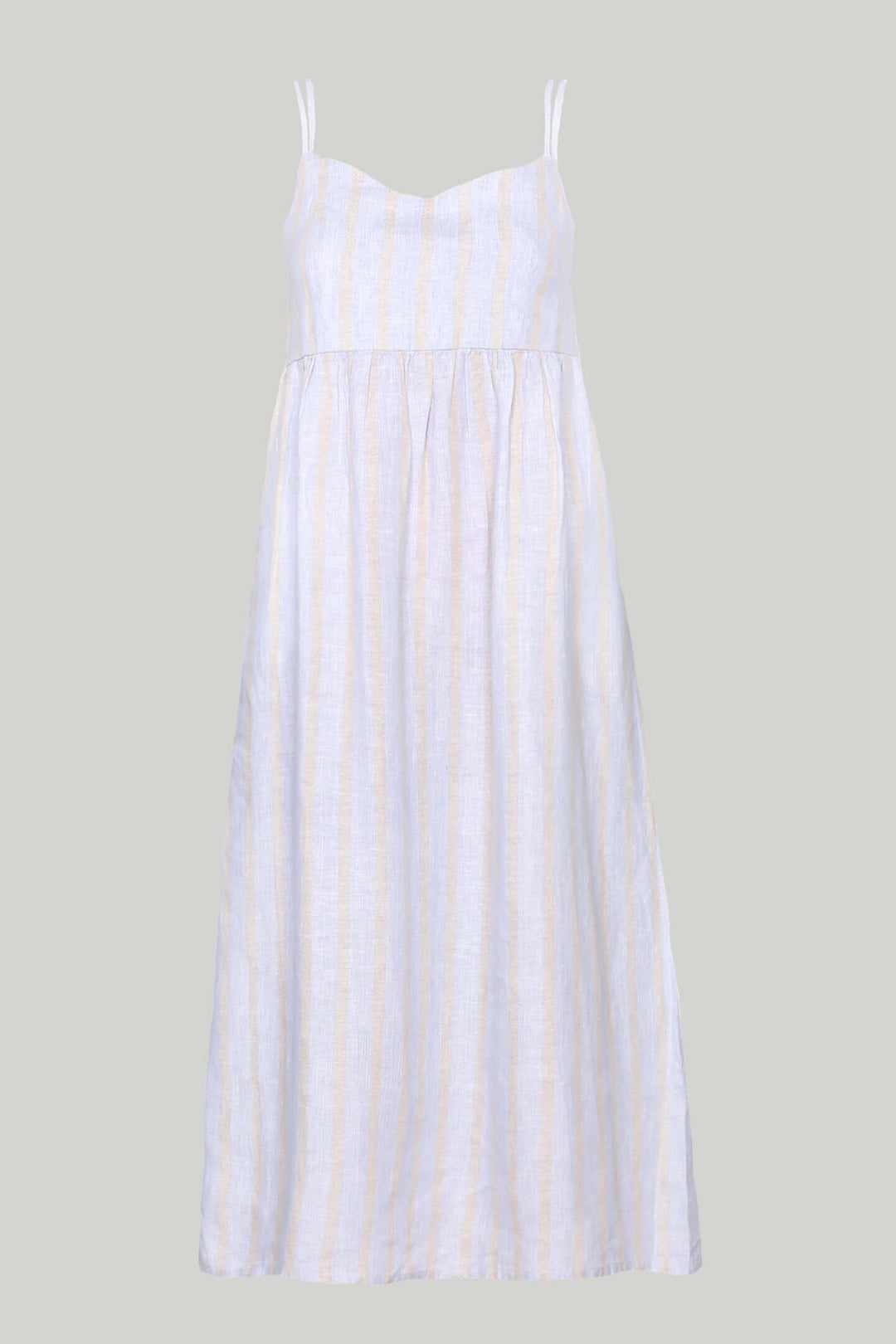 Strappy Gathered Midi Dress in Linen Stripes