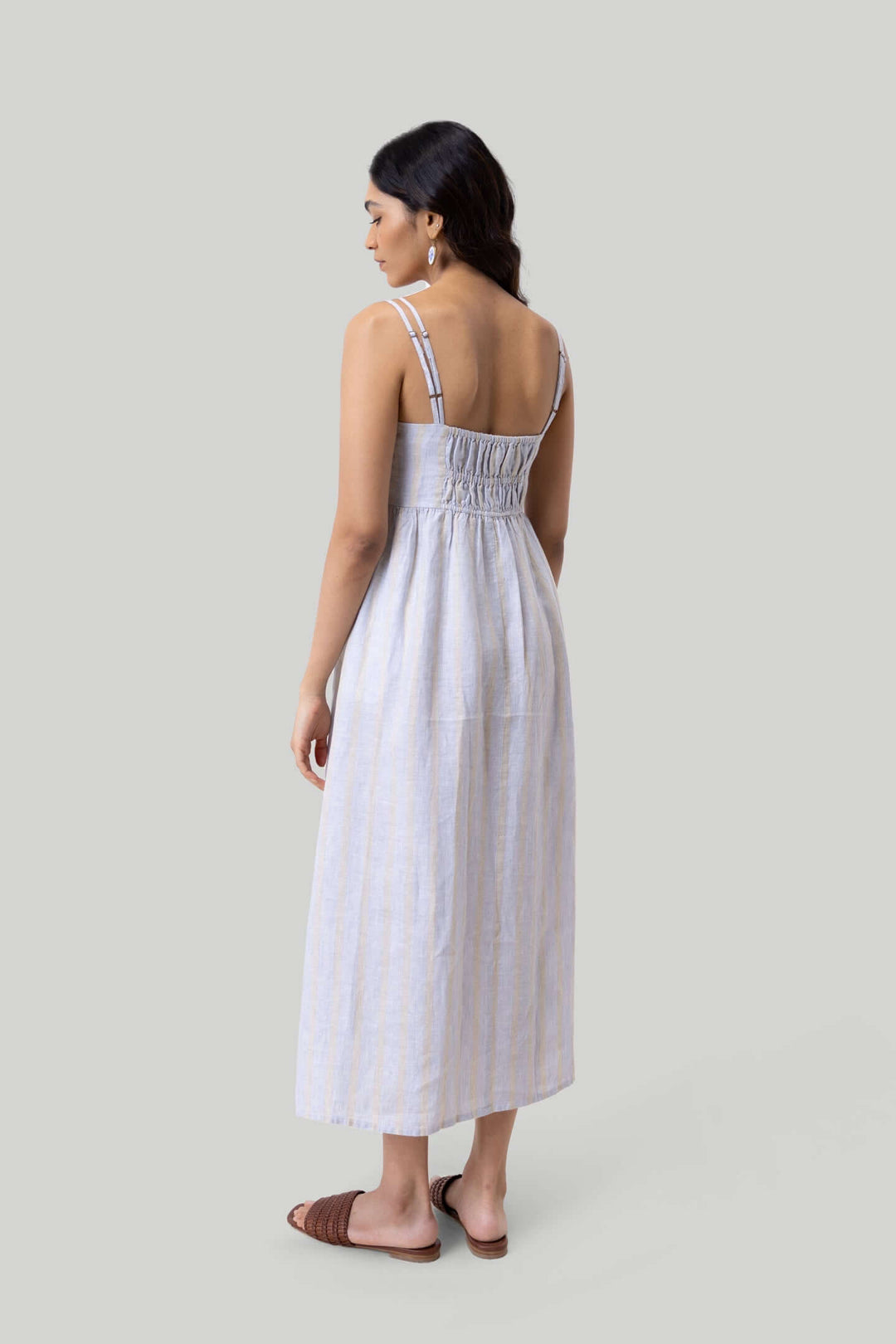 Strappy Gathered Midi Dress in Linen Stripes